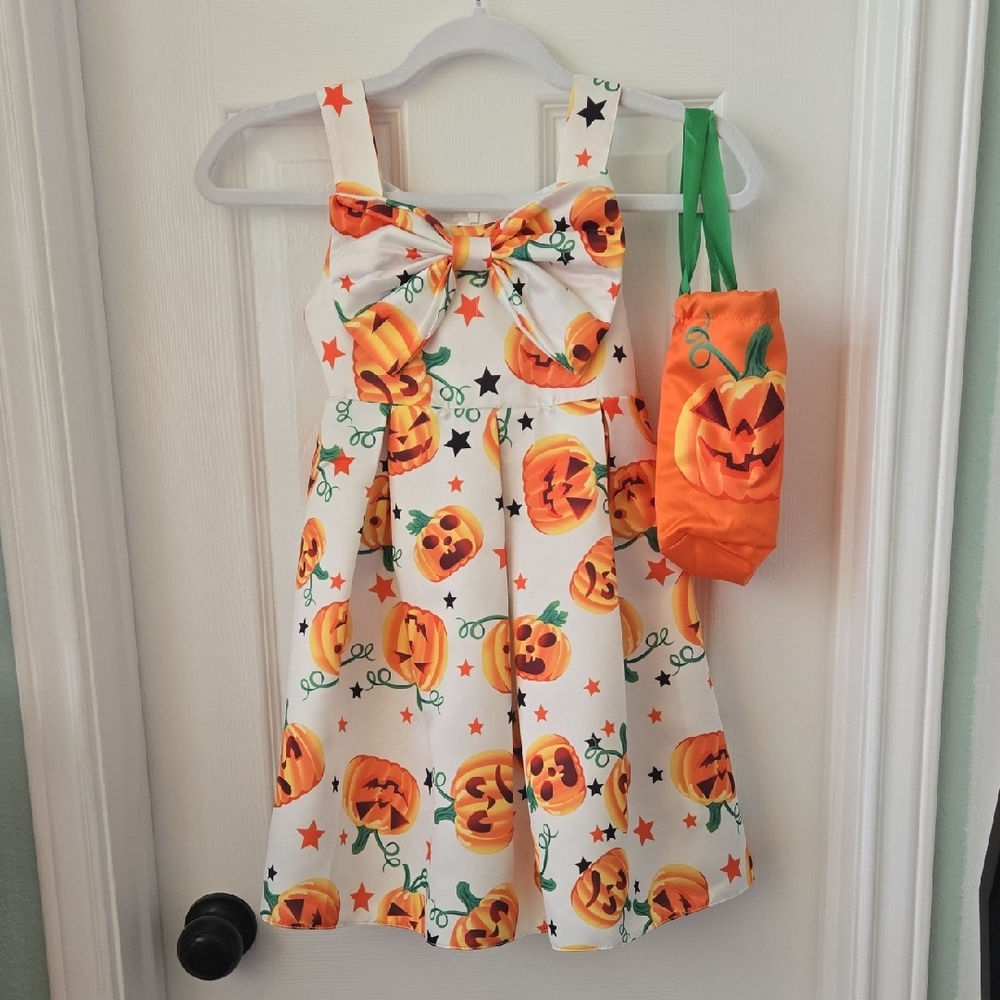 SHEIN Stunning Sateen Pumpkin Halloween Kids Dress W/ Matching Bag, NWOT